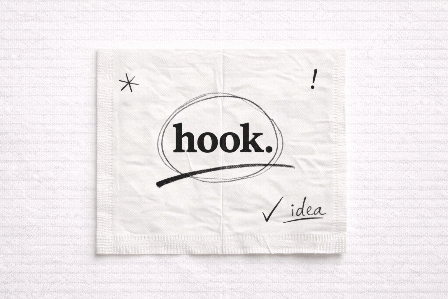 hook. logo — a cocktail napkin with 'hook.' written on it, circled, with 'idea' and hand-drawn doodles